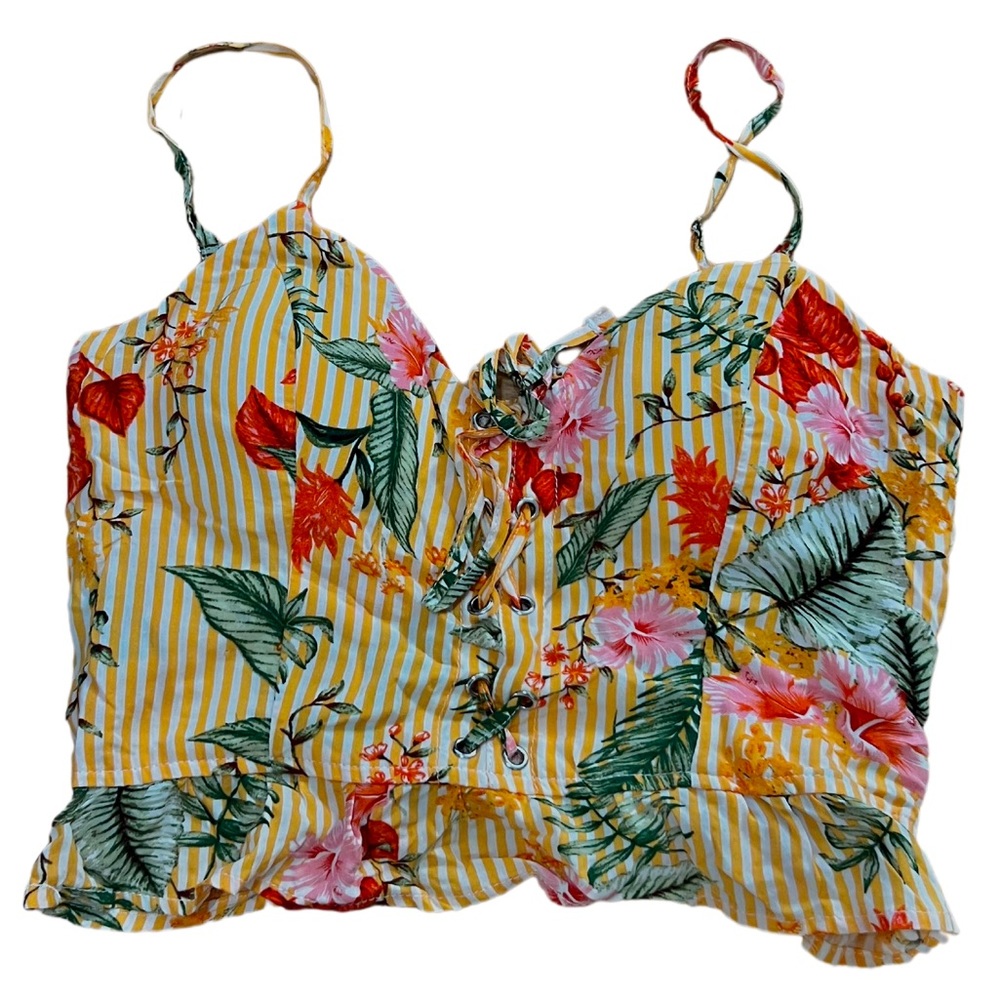 Floral striped padded cropped tank top.